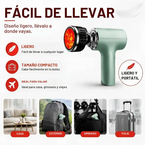 Vista 8 de Pistola de masaje con calor, potente masaje de calentamiento, hogar y viajes, verde