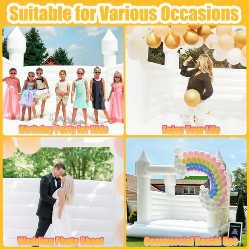 Vista 4 de Castillo inflable blanco de rebote de 13 x 13 x 10 pies, gran casa hinchable de PVC con soplador para niños pequeños y adultos, interior o exterior