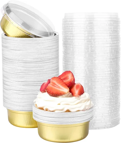 Vista 40 de Beasea Disposable Ramekins with Lids, 50 Pack 8oz 235ml Aluminum Foil Baking Cups with Lids, Aluminum Creme Brulee Ramekins Muffin Cupcake Pudding