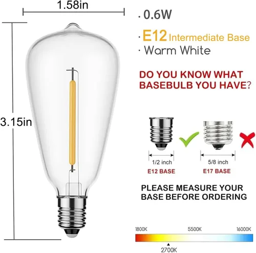 Vista 2 de Couah Paquete de 10 bombillas LED Edison, bombillas de repuesto con base de tornillo E12 de 0.6 W, bombillas LED inastillables ST38, bombillas