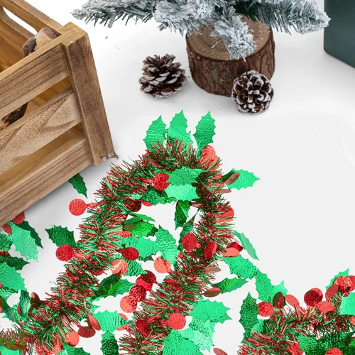 Vista 7 de Guirnalda de Oropel de Navidad de 33 Pies, Guirnalda de Oropel Metálico Trenzado Rojo Verde con Ornamentos de Bayas y Hojas, Decoración Colgante