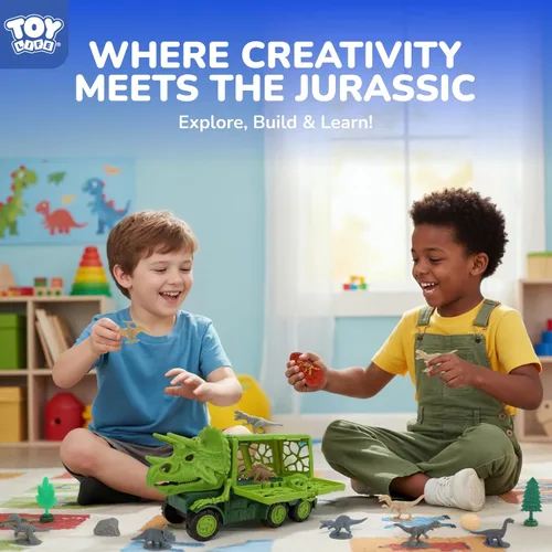 Vista 4 de TOY Life Camión de Dinosaurio Jurásico con Pista y Luces y Sonidos, Juguetes de Dinosaurio Triceratops para Niños de 3 a 5, Juego de Transporte
