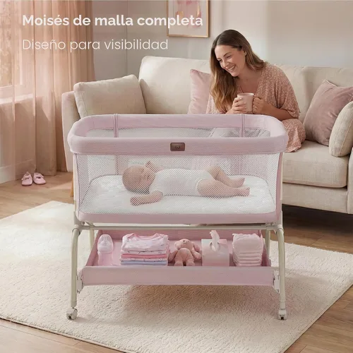 Vista 3 de BabyBond Cuna de mesita de noche, cuna estable y segura para recién nacidos, rosa