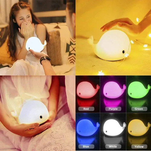 Vista 2 de OURRY Linda luz nocturna de ballena para niños, luz nocturna Kawaii para bebé con 7 colores LED cambiantes, control táctil, lámpara nocturna suave