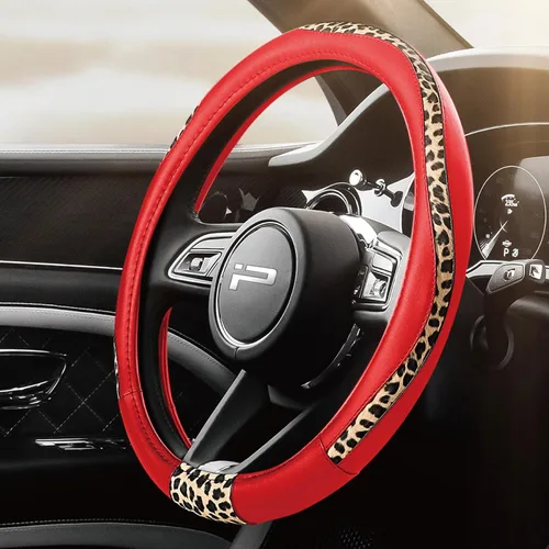 Vista 16 de Road Comforts Funda para volante, cubierta de volante de parte inferior plana hecha con piel de PVC y tela de leopardo, ajuste universal