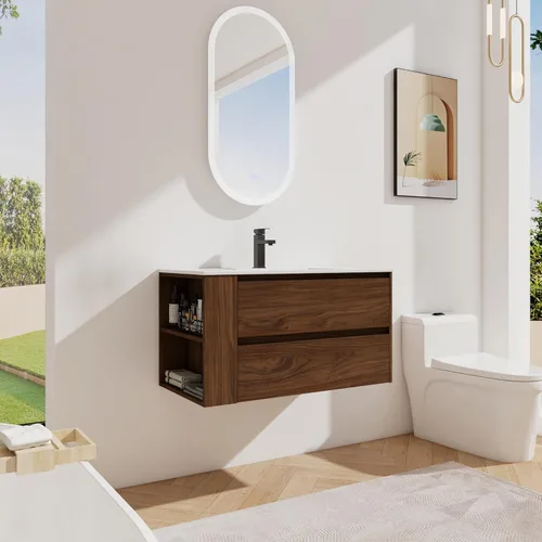 Vista 12 de Juego de tocador de baño de 30 pulgadas con lavabo de gel montado en la pared, moderno juego de tocador de baño con 2 cajones y estante abierto