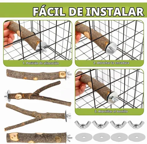 Vista 5 de 5 piezas de percha de madera natural para pájaros - Juego de perchas de rama recta y bifurcada, accesorios para jaula de pájaros para aves pequeñas