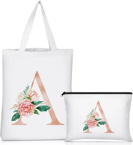 Vista 7 de Sanwuta 2 bolsas de lona con inicial, diseño floral con letras florales, bolsas de cosméticos de viaje, bolsas con monograma para mujer, mujer