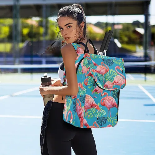 Vista 7 de Bolsa deportiva para tenis, bádminton, impermeable, vintage, pintura, flamencos, hoja de palmera, azul, 3 raquetas, bolsa de bádminton
