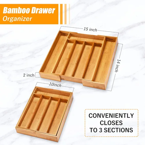 Vista 3 de Bellsal Organizador de cubiertos de 2 piezas con ranuras, organizador de cajones de cocina expandible de bambú, bandeja para utensilios de cocina