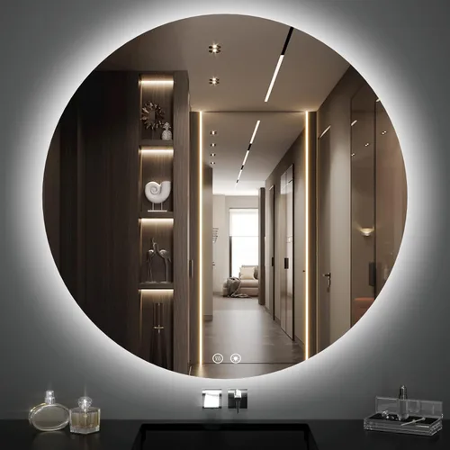 Vista 8 de Espejo de baño LED redondo de 30 pulgadas, retroiluminación de luz diurna de 6000 K, antivaho y regulable, espejo impermeable sin marco con control