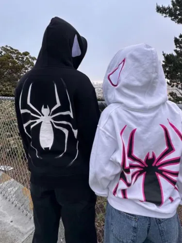 Vista 3 de Obenie Y2k Spider Print Hoodies Hip Hop Zipper Long Sleeve Jacket Coats Harajuku Casual Loose Hooded Sweatshirt
