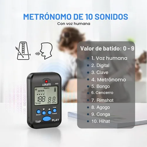Vista 2 de LEKATO Metrónomo digital, mini metrónomo electrónico LCD recargable, voz humana, clip, 10 sonidos de ritmo, volumen ajustable, metrónomo M65