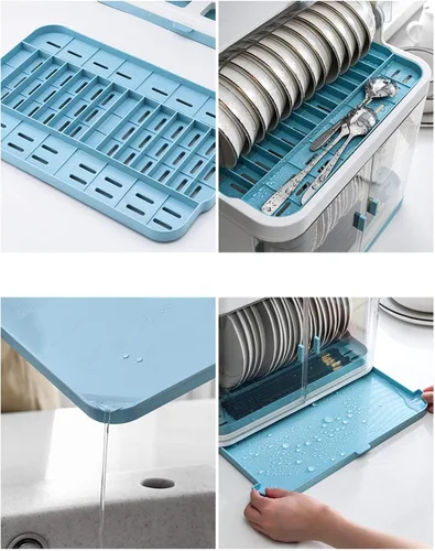 Vista 5 de Escurridor de platos, escurridor de platos con cubierta, escurridor de platos de plástico a prueba de polvo, bandeja de goteo extensible, tabla