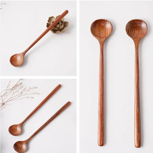 Vista 5 de 2 cucharas largas de madera para sopa, cucharas redondas de mango largo, estilo coreano, cucharas de café de madera para sopa, cocina, mezcla