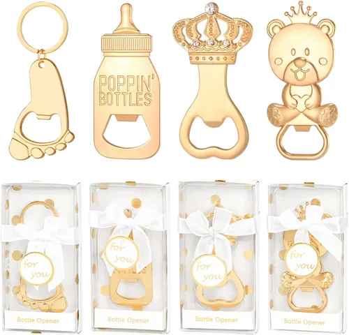 Vista 9 de Abrebotellas de bebé, 24 piezas, llavero con huella de oso y niño, abrebotellas con caja de regalo azul, recuerdos de fiesta de baby shower