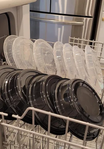 Vista 4 de Recipientes redondos de alimentos de 48 onzas para preparar comidas, aptos para microondas, plástico reutilizable, sin BPA, caja de almuerzo de gran