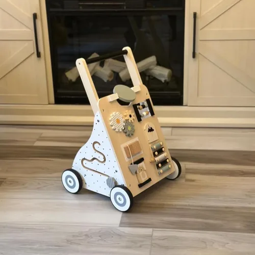 Vista 3 de Asweets Andador de bebé de madera con empuje y tracción para aprender, actividad de aprendizaje para niños, juguete de actividad con múltiples