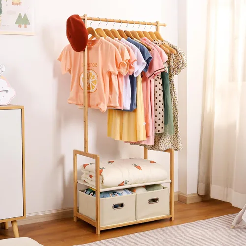 Vista 8 de Perchero de bambú para niños con 2 cestas de almacenamiento y 2 varillas ajustables para colgar, soporte para ropa infantil con estante, estantes