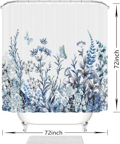 Vista 7 de Cortina de ducha floral, juego de cortina de ducha con flores azules, cortinas de ducha botánicas de flores silvestres para baño, tela impermeable