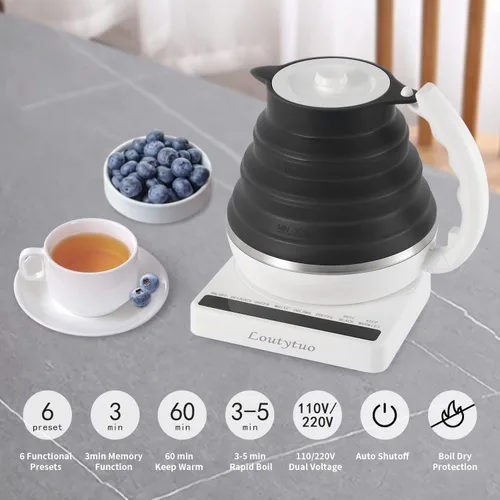 Vista 2 de Hervidor eléctrico plegable de silicona de grado alimenticio ultrafino con control de temperatura variable con doble voltaje, apagado automático
