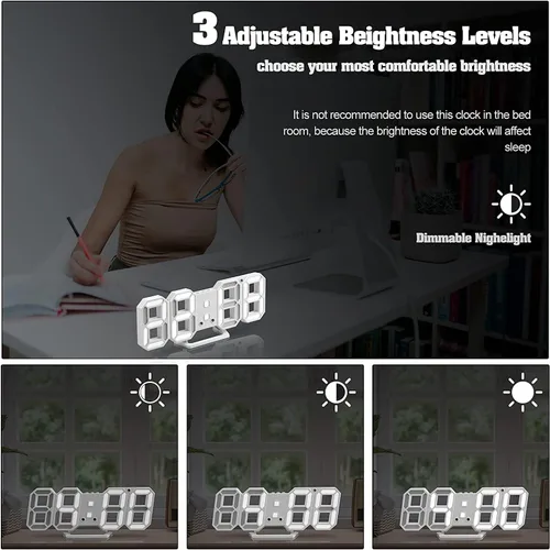 Vista 12 de Reloj despertador de pared digital LED 3D, 9.5 pulgadas, 3 brillos de 12/24 horas, color blanco