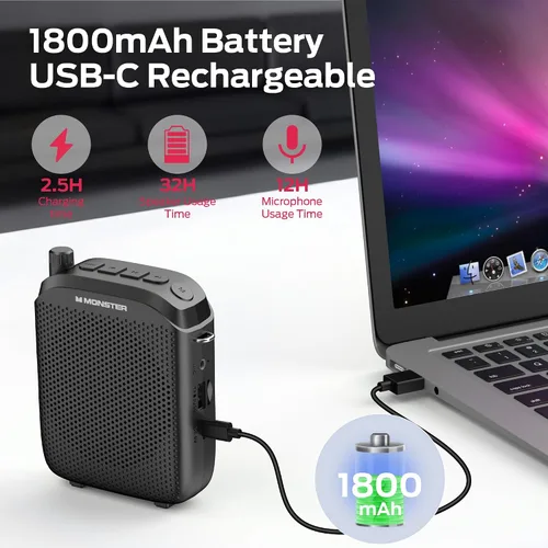 Vista 7 de Monster Amplificador de voz Phonic 20, amplificador de voz portátil de 15 W para profesores, altavoz Bluetooth 6.0 PA con micrófono con cable