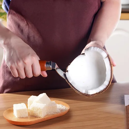 Vista 6 de DOITOOL Herramienta de eliminación de carne de coco cuchillo raspador de coco fresco de acero inoxidable con mango ergonómico de madera
