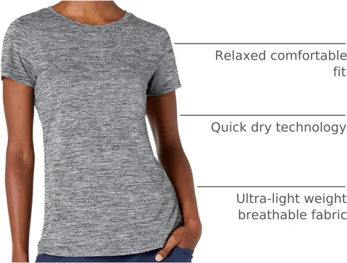Vista 120 de Amazon Essentials Camiseta de manga corta con cuello redondo para mujer, de secado rápido, para entrenamiento, gimnasio, paquete múltiple