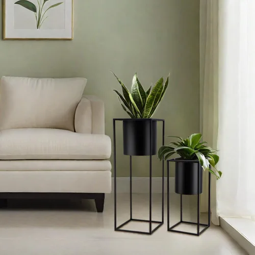 Vista 7 de TRIROCKS Juego de 2 macetas grandes de metal con soporte para plantas de interior de 28 y 18 pulgadas de alto para sala de estar, esquina, cocina