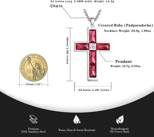 Vista 21 de Collar de cruz para hombre, piedras preciosas de color piedra natal de circonita cúbica, collar de acero inoxidable para hombre, cadena de 24