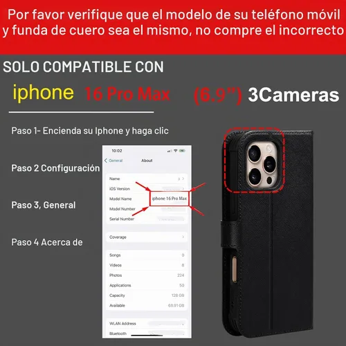 Vista 2 de Funda de cuero compatible con iPhone 16 Pro Max Cartera 6.9", cuero genuino 2 en 1, magnética, desmontable, a prueba de golpes, funda tipo folio