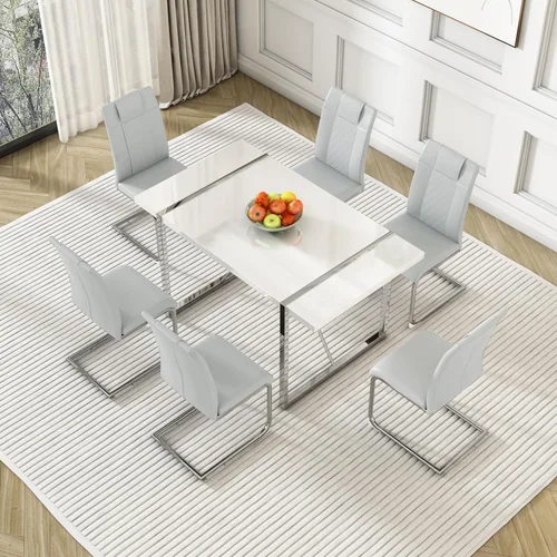 Vista 3 de Juego de mesa de comedor moderna de 55 pulgadas para 4, mesa rectangular de madera tapizada de piel sintética, juego de mesa de cocina fácil