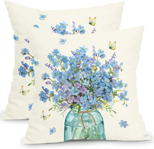 Vista 22 de Fundas de cojín decorativas primavera-verano 40x40 cm, juego de 2 fundas de cojín verdes con flores botánicas, fundas de cojín decorativas para Aqua