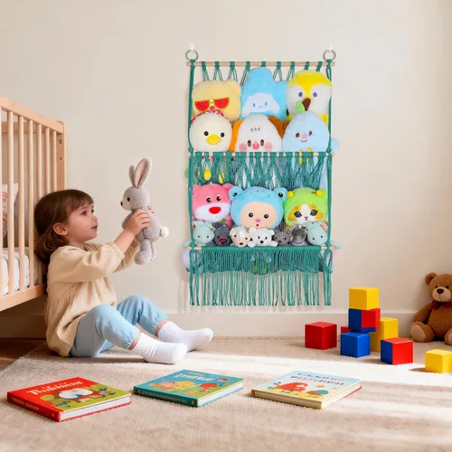 Vista 2 de Red de almacenamiento de animales de peluche de 2 niveles, 17 x 32 pulgadas, organizador grande de animales de peluche para pequeños rellenos