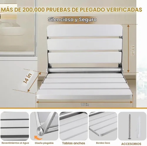 Vista 6 de Asiento de ducha plegable de teca montado en la pared, banco de ducha plegable de 16 pulgadas, carga máxima de 400 libras, diseño plegable que Blanco