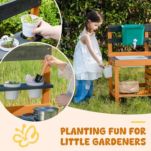 Vista 7 de ROBUD Cocina de Barro para Niños al Aire Libre, Cocina de Juego de Madera al Aire Libre, Cocina de Barro para Niños con Fregadero y Grifo
