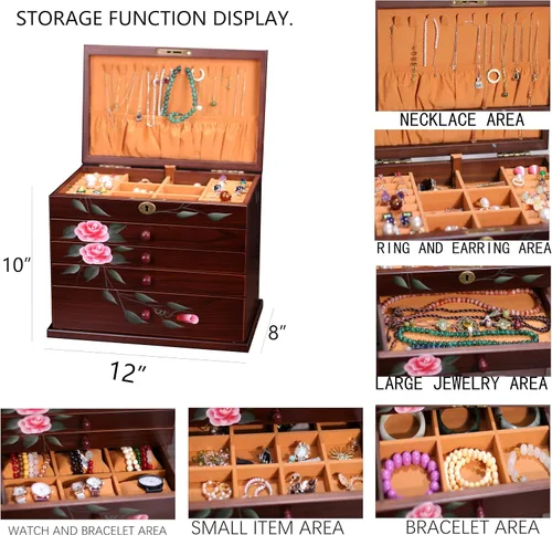 Vista 4 de Xloverise Joyero de madera para Wowen, organizador de 5 capas de pintura a mano con colgador de collar, organizador de cajas de joyería grandes