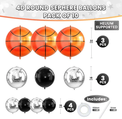 Vista 2 de Globos redondos de papel de aluminio para baloncesto, globos de helio 4D de 22 pulgadas, 18 pulgadas, 15 pulgadas, balón de baloncesto negro