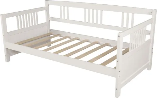 Vista 4 de Flieks Sofá cama de madera maciza, tamaño individual, cama multifuncional para niños, no requiere somier, color blanco