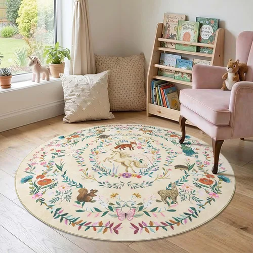 Vista 3 de jinchan Moonrise - Alfombra redonda de 5 pies para habitación de niños, lavable, suave, antideslizante, de pelo bajo, diseño de cuento de hadas