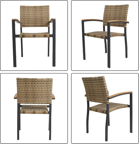 Vista 6 de TRY & DO Juego de 4 sillas de comedor para patio, sillas de comedor apilables de mimbre al aire libre con reposabrazos de madera, marco de aluminio