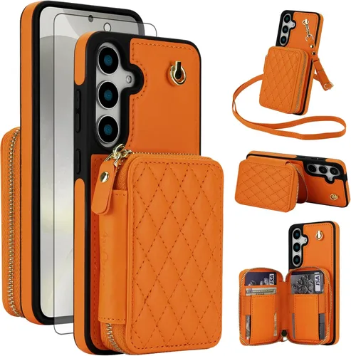 Vista 16 de Asuwish Funda de teléfono para Samsung Galaxy S25 5G Wallet Cell Cover con protector de pantalla de vidrio templado, correa cruzada de muñeca