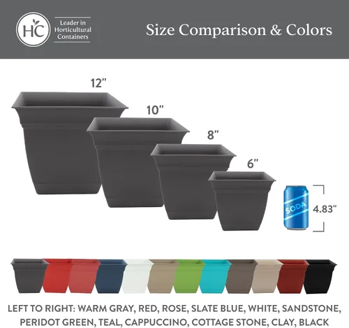 Vista 121 de The HC Companies, Eclipse - Maceta cuadrada de 12 pulgadas, con platillo, maceta para sembrar flores, verduras y hierbas en interiores y exteriores