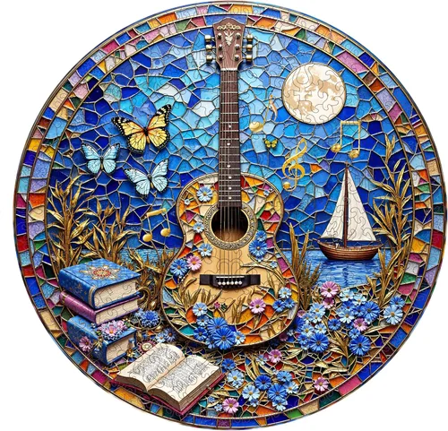 Vista 10 de Rompecabezas de madera para adultos, rompecabezas de madera de guitarra de vidrieras para adultos, rompecabezas de madera de libros de música