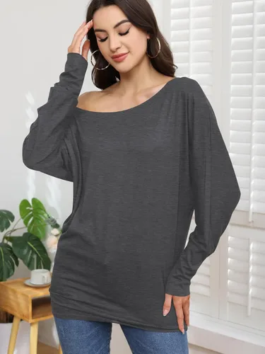 Vista 6 de Poetsky Women's Long Sleeve Off Shoulder Tunic Tops Loose Casual Oversized Shirts Blouse