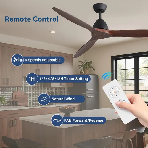 Vista 8 de Ventilador de techo rústico de 56 pulgadas sin luz con control remoto, ventilador rústico de 3 aspas ABS de grano de madera, motor CC reversible