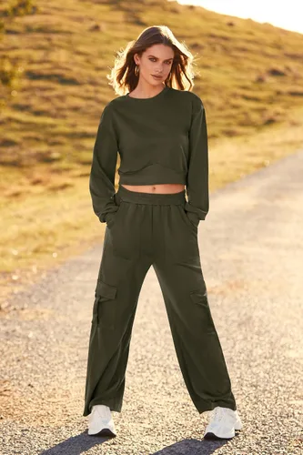 Vista 3 de PRETTYGARDEN Conjunto de 2 piezas de otoño para mujer, sudadera de manga larga, pantalones cargo de pierna ancha con bolsillos