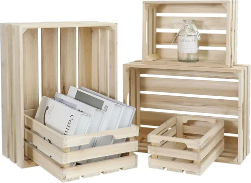 Vista 7 de Juego de 5 cajas de madera rústica sin terminar, cajas de almacenamiento de listones para montaje en pared con asas, cajas de madera de granja