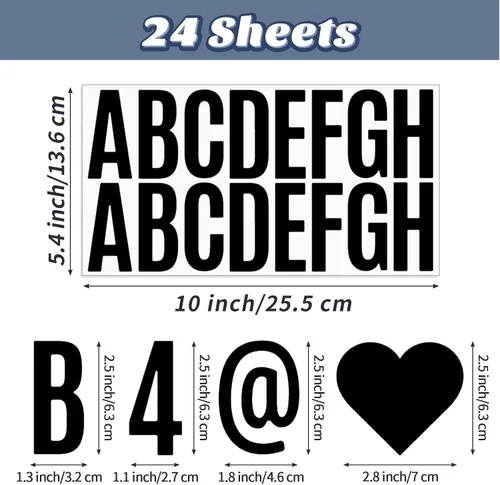 Vista 2 de 24 hojas de calcomanías de letras, 2.5 pulgadas, kit de letras de vinilo autoadhesivas, números negros para buzón, aula, hogar, puerta, ventana